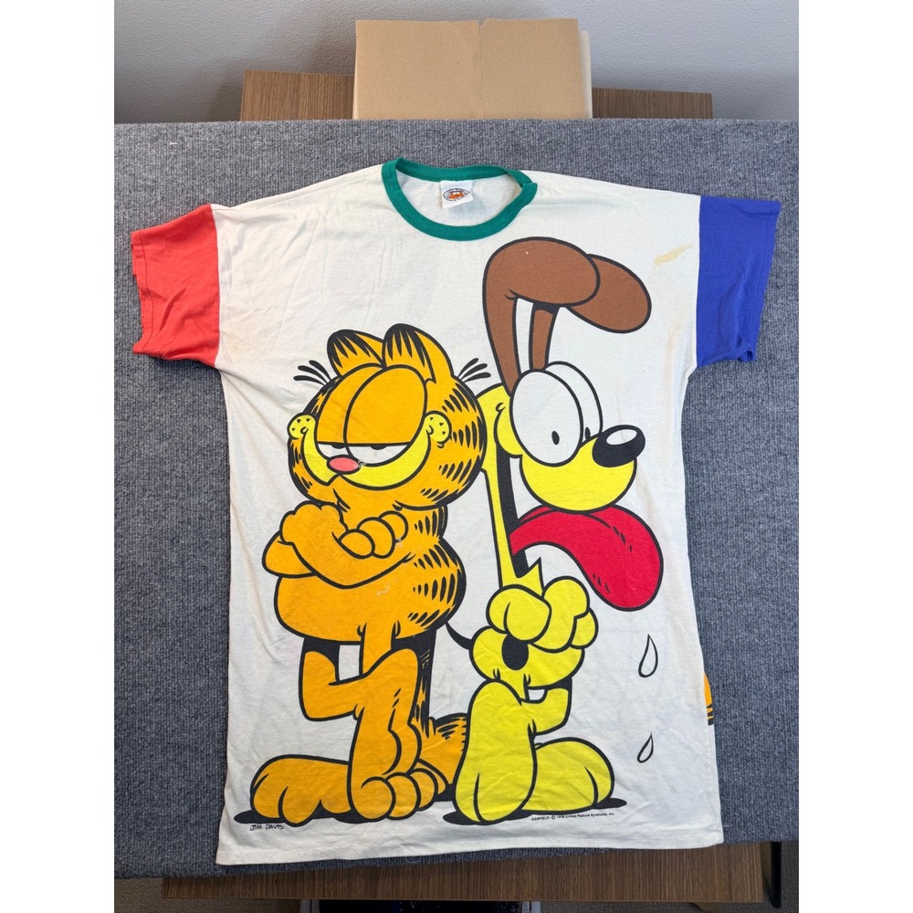 Vintage Garfield Odie Graphic Tee XL White Ringer Shirt Colorblock 90s Stained